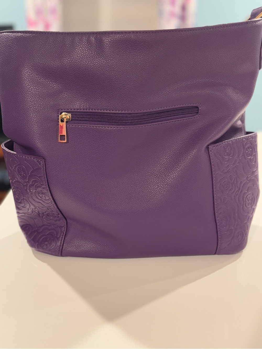 Purple Shoulder Bag with Embossed Floral Side Panels - Picture 2 of 7